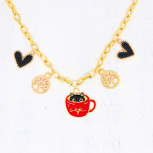 A kávézás és a cicák szerelmeseinek aranyszínű charm nyaklánc (2)
