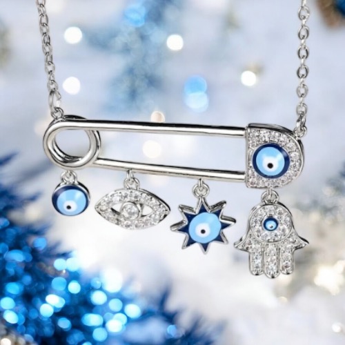 Gémkapocs alakú ezüstszínű Evil Eye és Hamsa Hand charm nyaklánc 8 Gémkapocs alakú ezüstszínű Evil Eye és Hamsa Hand charm nyaklánc